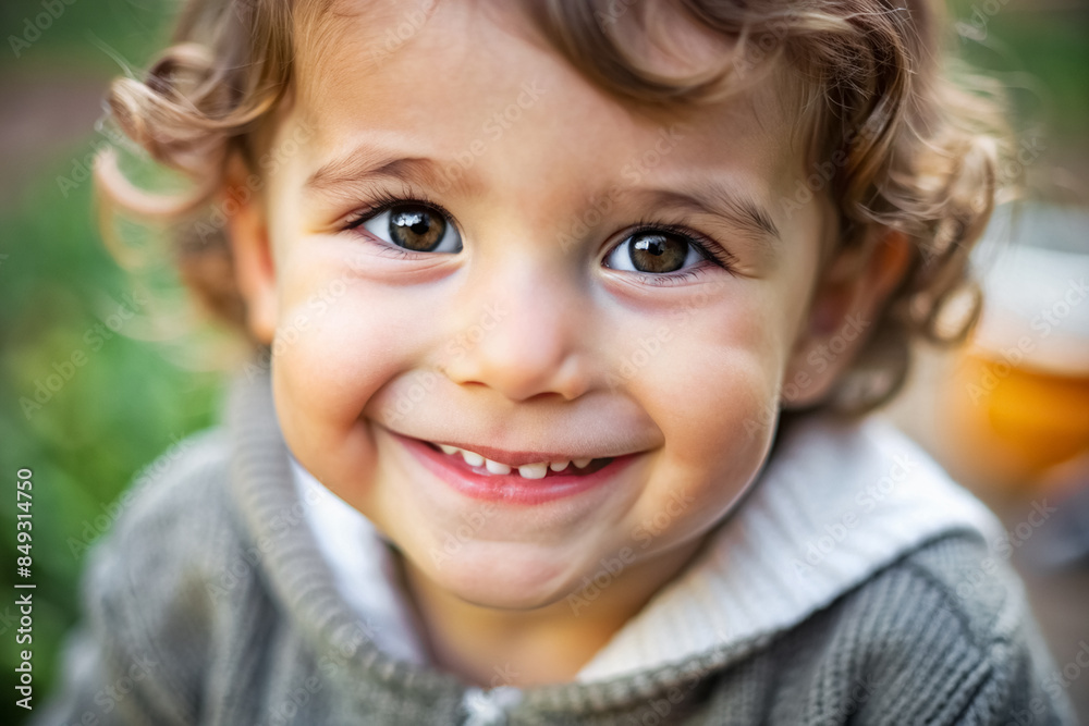 Adorable baby with big brown eyes and curls close-up. Selective focus. Adorable baby with big brown eyes and curls close-up. Selective focus.