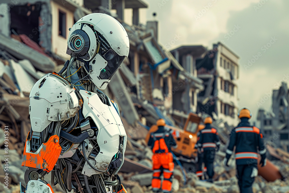 Humanoid Ai Robot aiding Search and Rescue First responders in a disaster zone.