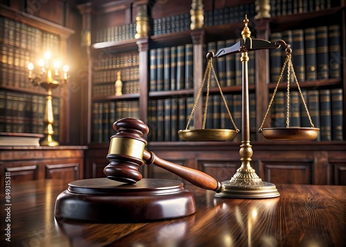 Justice, Law, And Order. A Judge'S Gavel And Scales Of Justice Sit On A Wooden Table In A Library Setting.