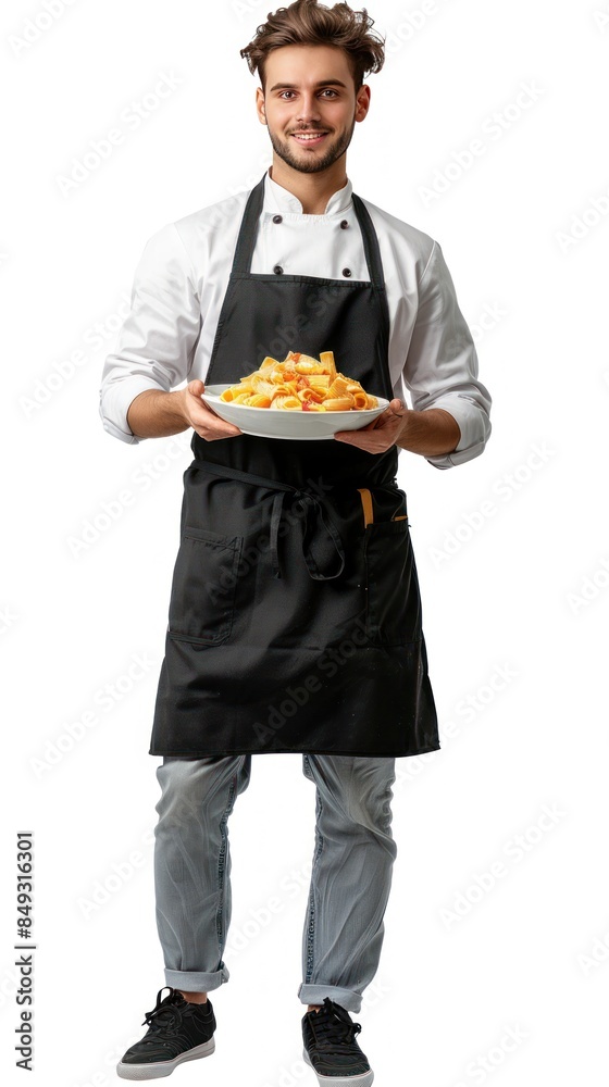 Full body photo of male restaurant employee serving pasta Full body photo of male restaurant employee serving pasta