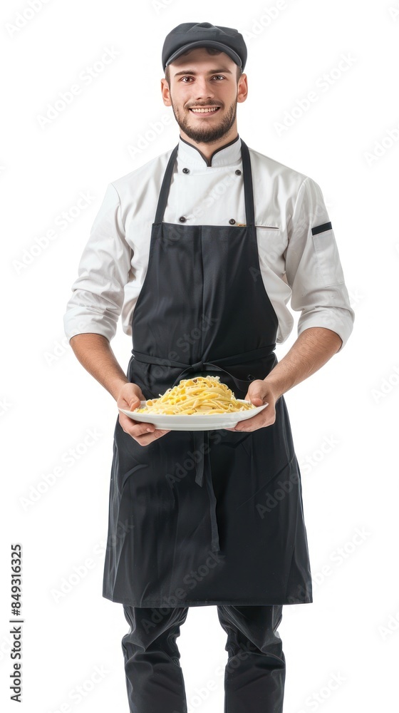 Full body photo of male restaurant employee serving pasta Full body photo of male restaurant employee serving pasta