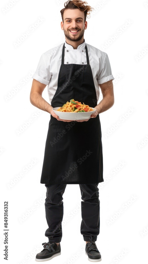 Full body photo of male restaurant employee serving pasta Full body photo of male restaurant employee serving pasta
