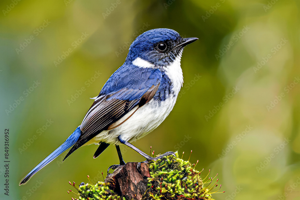 A small blue and white bird perched on a mossy branch. A small blue and white bird perched on a mossy branch.