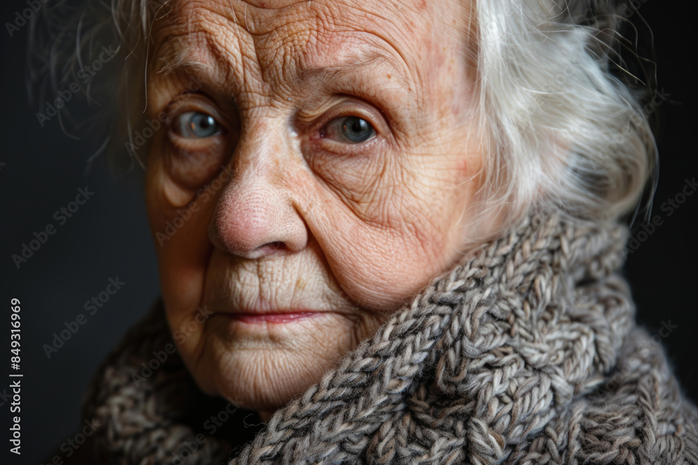 Close-up portrait of elderly Caucasian woman, studio photo