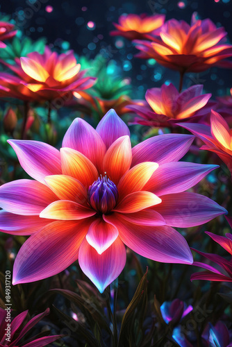 Generative AI beautiful fantasy flower plant with glowing light, luminous and realistic flowers. Each petal emits a mesmerizing, enchanting flower atmosphere magical floral, Gorgeous mystical Floral	