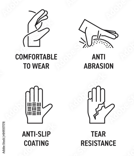Working gloves features icons set for labeling in thin line