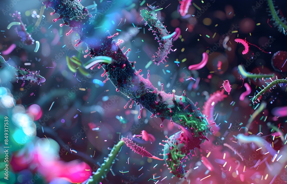 Fototapeta premium viruses and bacteria, pathogens that cause disease. Macro photography of viruses, Macro microscope image of a virus cell with influenza spikes, influenza, Omicron coronavirus, microbiology background