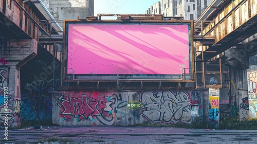 Large, empty pink billboard in an urban setting with graffiti, surrounded by littered ground.