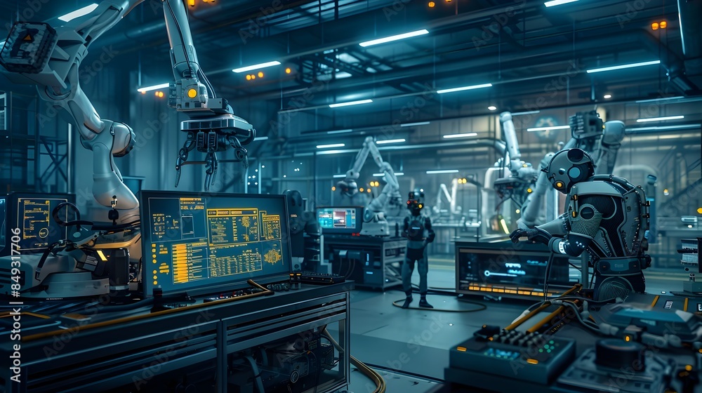 Dedicated Technicians Meticulously Maintaining Cutting Edge Automated Systems in Futuristic Factory Dedicated Technicians Meticulously Maintaining Cutting Edge Automated Systems in Futuristic Factory