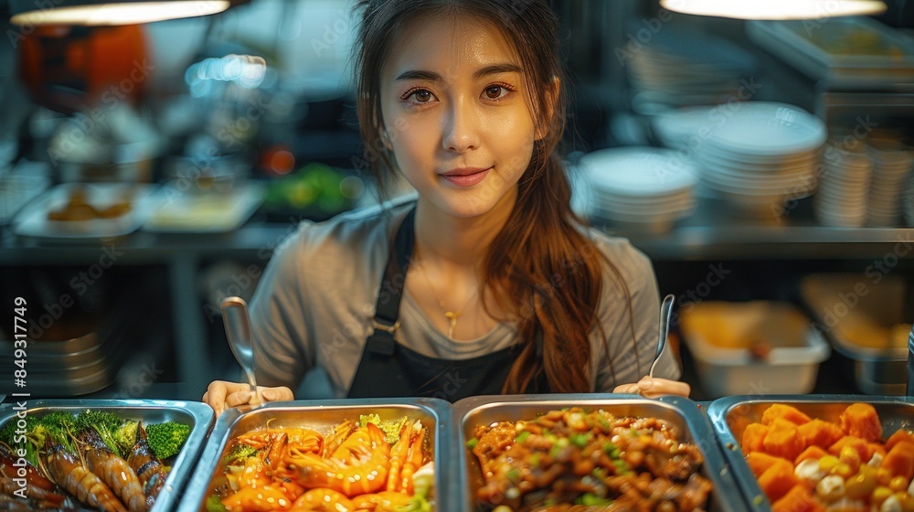 A Chinese woman was setting dishes in the kitchen,photograph,Kitchen portrayal,Clean kitchen,Gourmet feast,Hearty Western food,feel happy A Chinese woman was setting dishes in the kitchen,photograph,Kitchen portrayal,Clean kitchen,Gourmet feast,Hearty Western food,feel happy