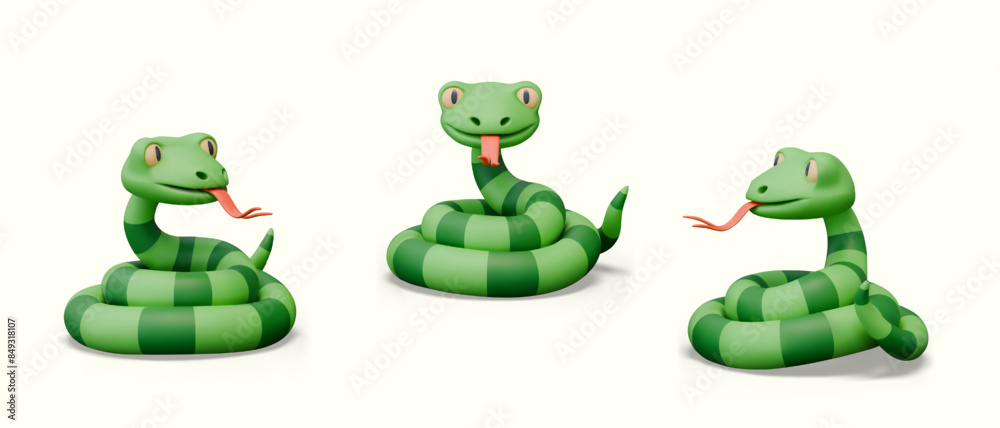 Fototapeta premium Striped green snake. Realistic reptile with protruding tongue. Wild animal, predator