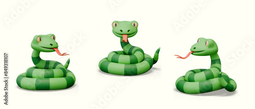 Striped green snake. Realistic reptile with protruding tongue. Wild animal, predator