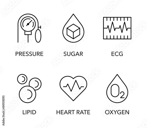 Heart and blood sensors types icons set in outline