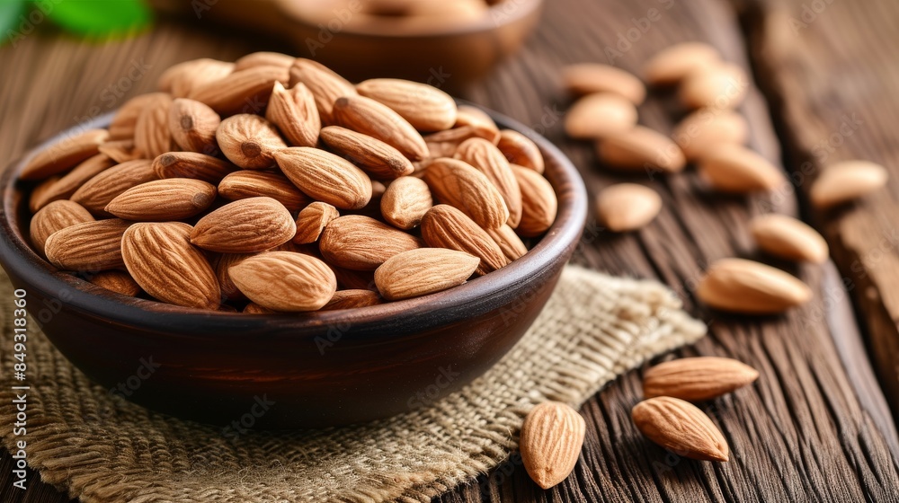 Almonds neatly piled in a rustic brown bowl, placed on a textured wooden table Almonds neatly piled in a rustic brown bowl, placed on a textured wooden table