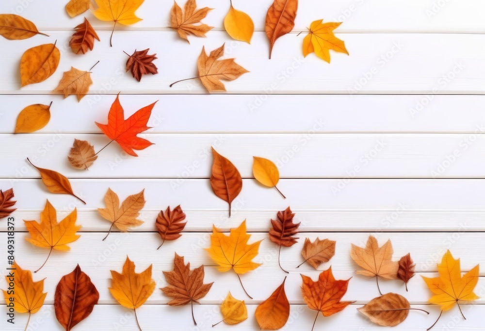 A flat lay of dried leaves on a white wooden table with a white wall in the background A flat lay of dried leaves on a white wooden table with a white wall in the background