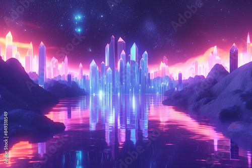 A floating city made entirely of crystal, with glowing pathways and futuristic architecture, set against a starry night sky,3D illustration, Generative AI © ftlupuper