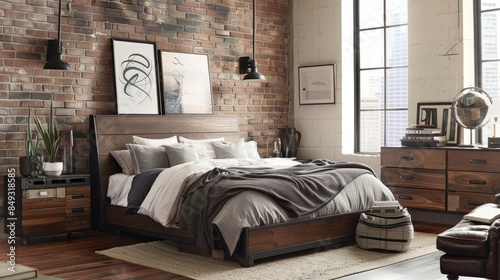 Create an industrial oasis in your bedroom with sleek furnishings and minimalist decor, evoking a sense of urban sophistication photo