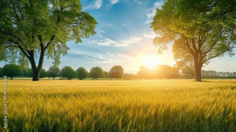 Spring trees and wheat field landscape Spring trees and wheat field landscape