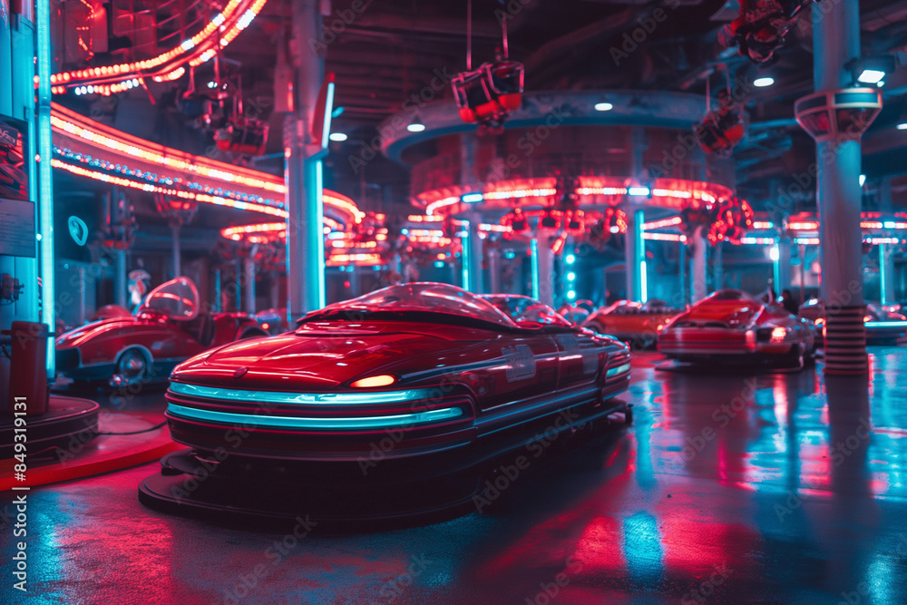A cyberpunk-themed amusement park with holographic rides, VR experiences, and neon-lit attractions in a dystopian setting, 3D illustration, Generative AI A cyberpunk-themed amusement park with holographic rides, VR experiences, and neon-lit attractions in a dystopian setting, 3D illustration, Generative AI