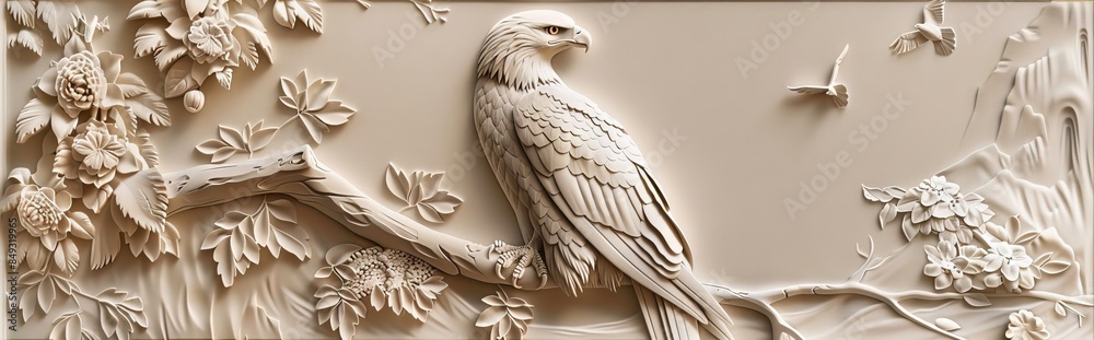 Obraz premium Beautiful eagle 3d relief wallpaper. Mural wallpaper. Wall art. AI generated illustration.