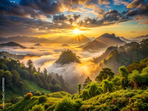 The First Light Of Dawn Breaks Over The Misty Mountains, Casting A Golden Glow On The Lush Green Landscape Below. photo