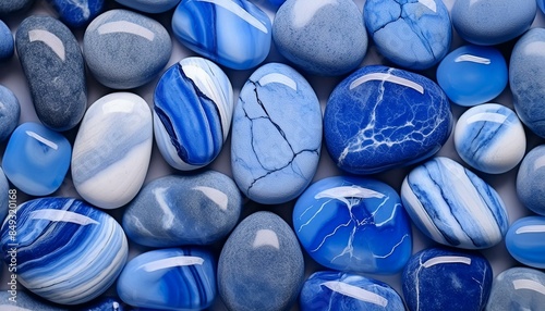 Blue stones and minerals arranged tightly next to each other creating a stone mosaic photo
