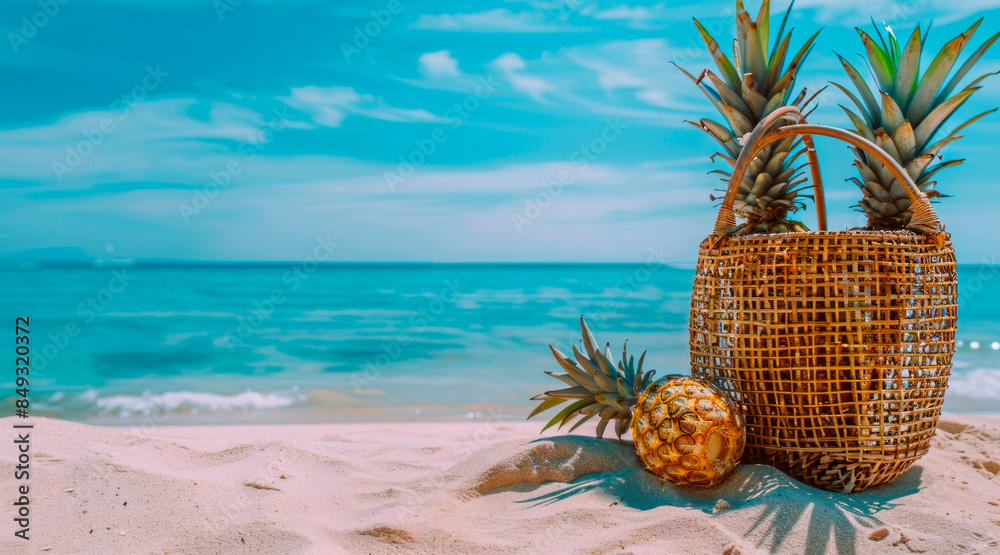 Obraz premium Wicker Basket With Pineapples on Sandy Beach by Turquoise Water