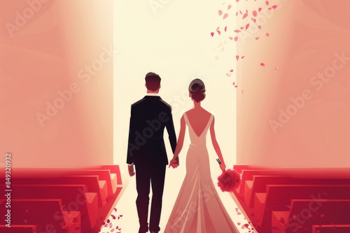 Witness the heartwarming scene of a romantic couple holding hands and walking down the aisle on their special wedding day, captured in this beautiful illustration. photo