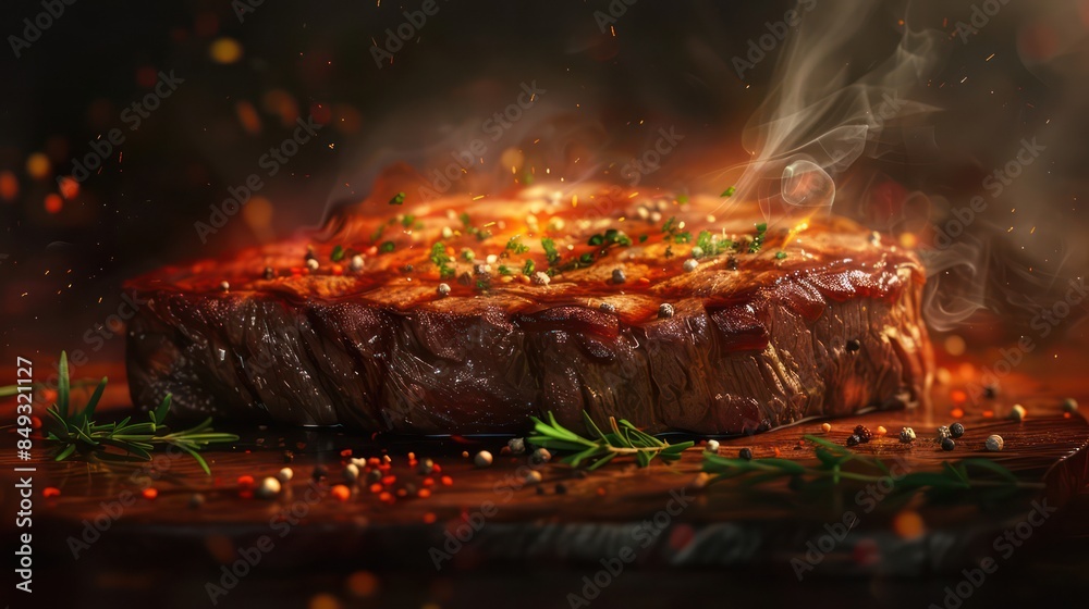 Close-up of a succulent grilled steak with smoke, garnished with herbs and spices on a rustic wooden surface Close-up of a succulent grilled steak with smoke, garnished with herbs and spices on a rustic wooden surface