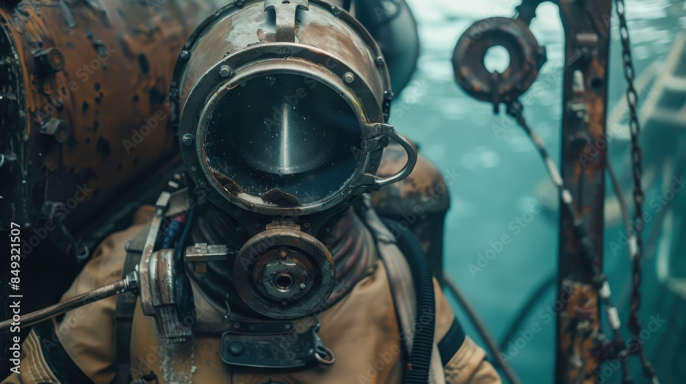 Fototapeta premium Close-up of a person wearing a vintage, heavy-duty diving helmet, which is part of a hard hat diving suit
