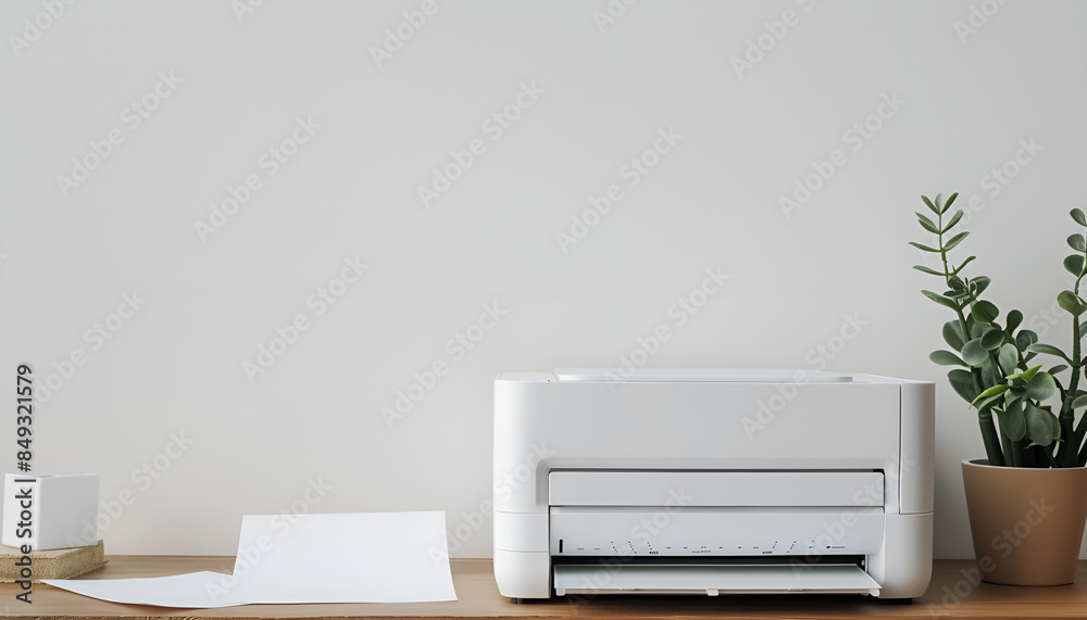 Modern printer with paper on table near white wall, space for text Modern printer with paper on table near white wall, space for text
