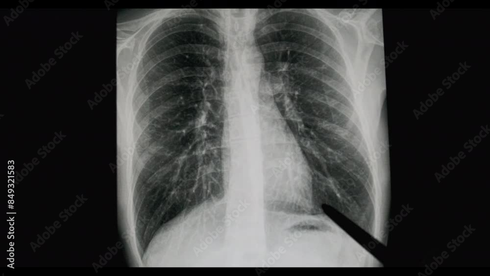 A doctor shows patient's heart on a front view x-ray of healthy middle-aged man's torso A doctor shows patient's heart on a front view x-ray of healthy middle-aged man's torso
