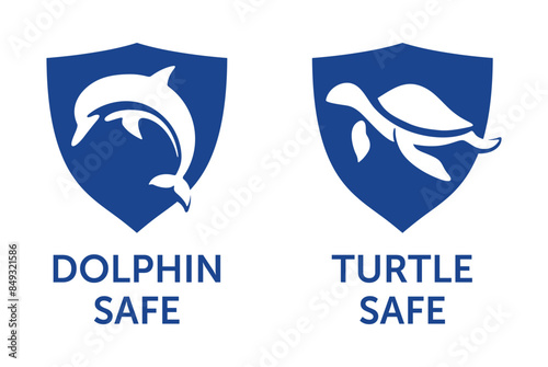 Labels n shield shape for canned fish - Dolphin Safe, Turtle Safe