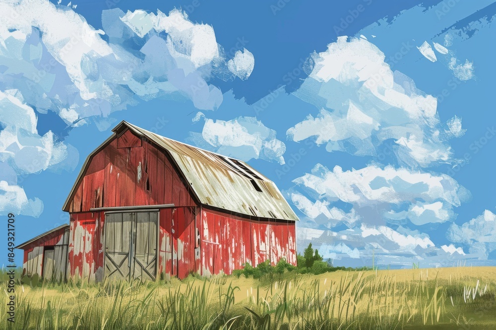 A picturesque rustic barn with weathered red paint stands proudly against a backdrop of endless blue skies, adding character to the serene countryside. A picturesque rustic barn with weathered red paint stands proudly against a backdrop of endless blue skies, adding character to the serene countryside.