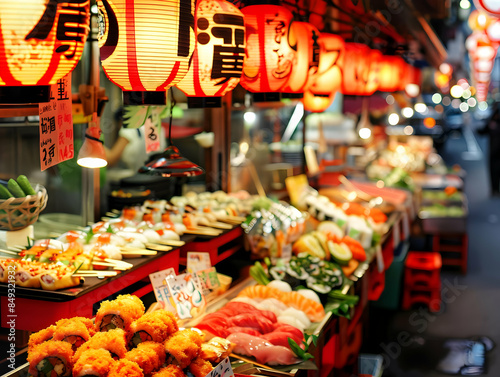 A bustling Japanese street food market with colorful stalls