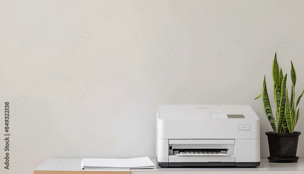 Modern printer with paper on table near white wall, space for text Modern printer with paper on table near white wall, space for text