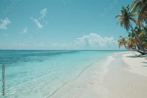 Experience the beauty of a serene beach with crystal-clear turquoise water and swaying palm trees in the gentle breeze.