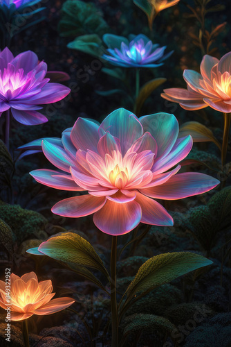 Generative AI beautiful fantasy flower plant with glowing light, luminous and realistic flowers. Each petal emits a mesmerizing, enchanting flower atmosphere magical floral, Gorgeous mystical Floral 