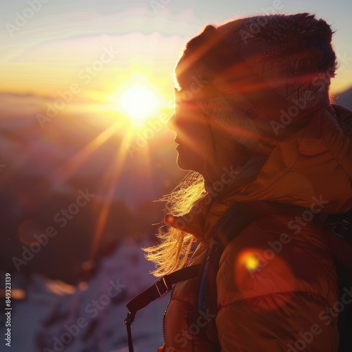 A woman in a cap and eyewear is happily looking at the sunset in nature, with the sun shining bright in the sky, creating a beautiful landscape AIG50