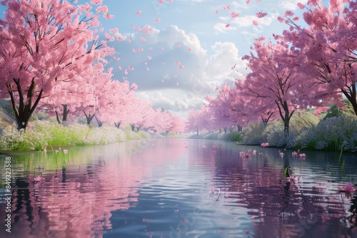 A peaceful landscape with cherry blossom trees gracefully lining a serene river.