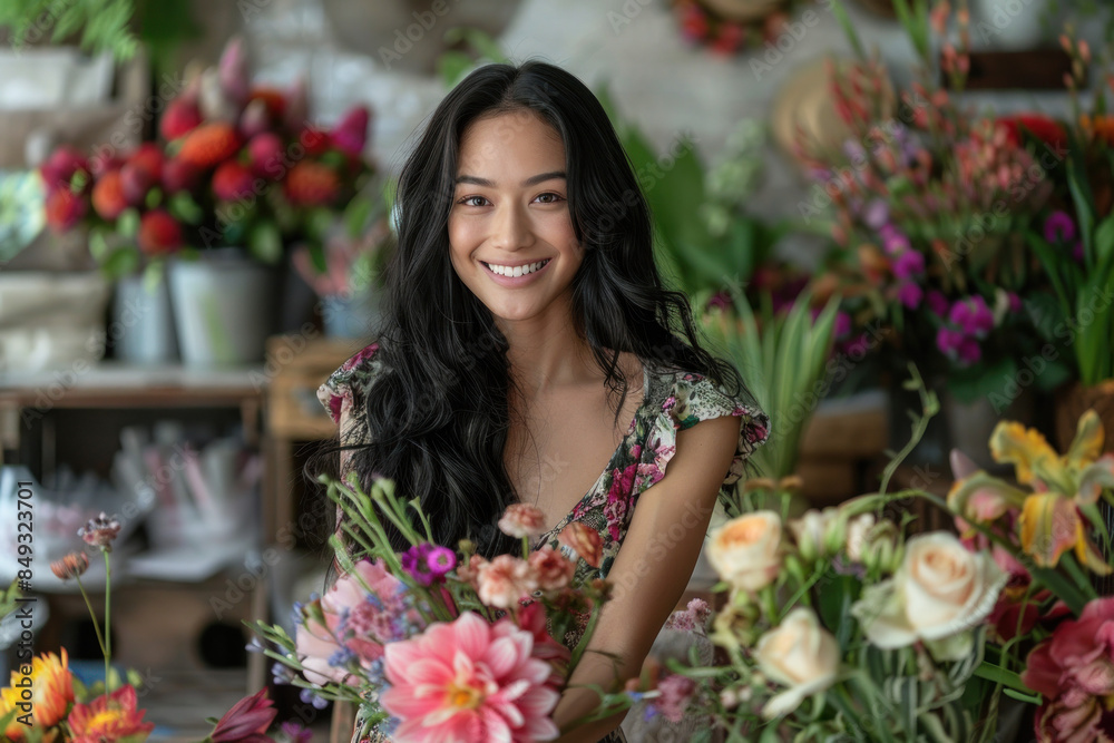 Joyful Female Florist Amid Blooms, Professional Environment, Diverse Workforce, Corporate Photography, Team Collaboration, Engaged Employees, Authentic Work Settings.