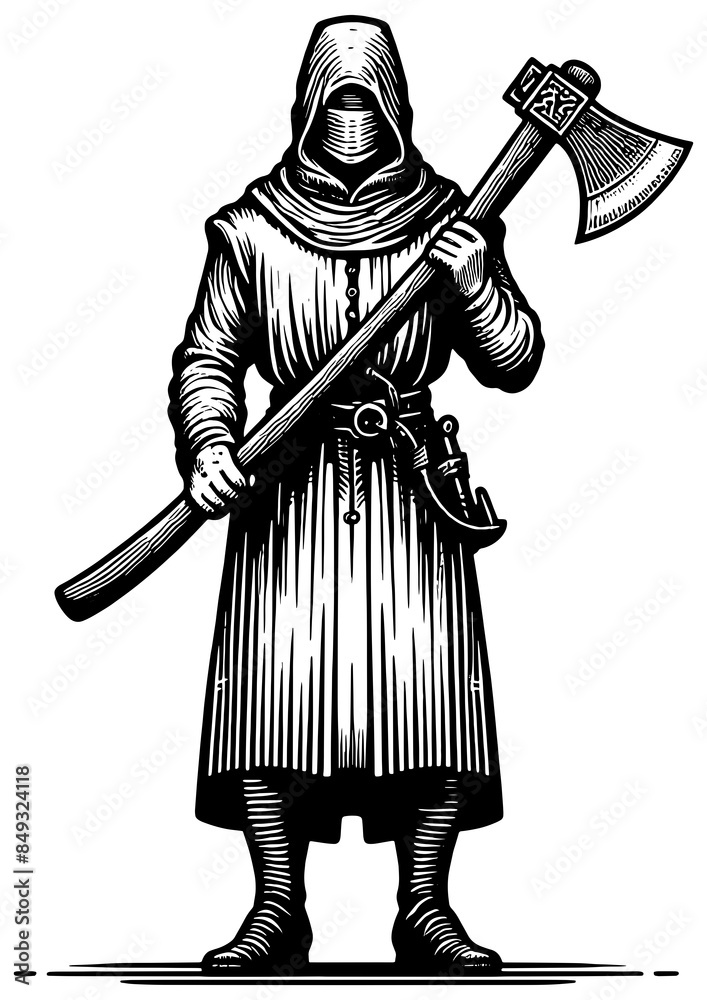 Obraz premium Grim Reaper executioner with Axe sketch engraving generative ai fictional character PNG illustration. Scratch board imitation. Black and white image.