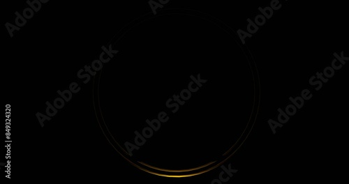 Round digital double frame with golden beam. Glowing circle illuminated by gold luminous line moving for template of effective advertising and electric led shows