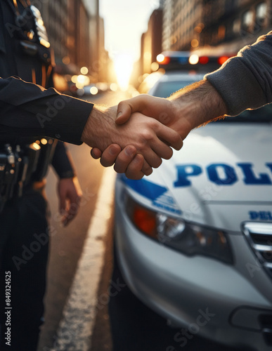 Man greeting a police officer with a handshake, forgetting stereotypes and differences in thinking