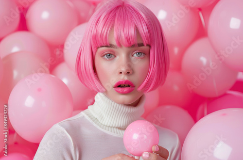 beautiful woman with pink bob hair, blowing bubble gum in the style of pink background © Kien