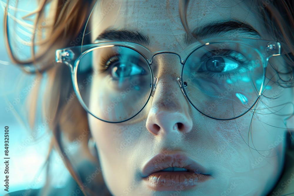 Close Up of Pensive Woman with Glasses in Blue Lighting Close Up of Pensive Woman with Glasses in Blue Lighting