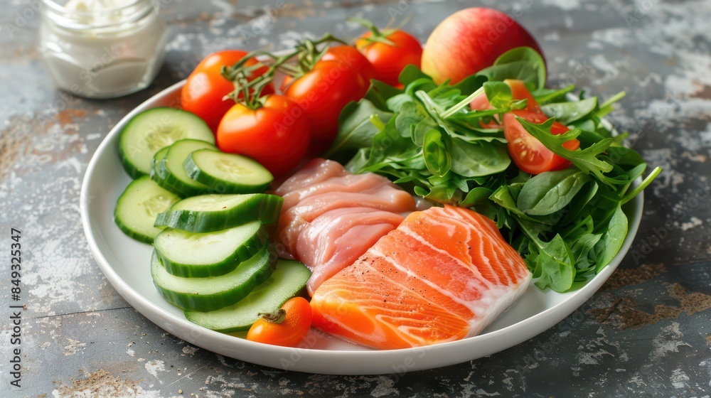 A plate of healthy food including fresh salmon, cucumber slices, cherry tomatoes, salad leaves, and an apple on a rustic surface A plate of healthy food including fresh salmon, cucumber slices, cherry tomatoes, salad leaves, and an apple on a rustic surface