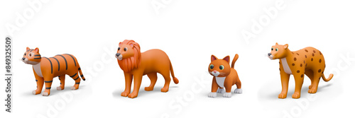 Set of vector 3D animals of felidae family. Pets and wild animals