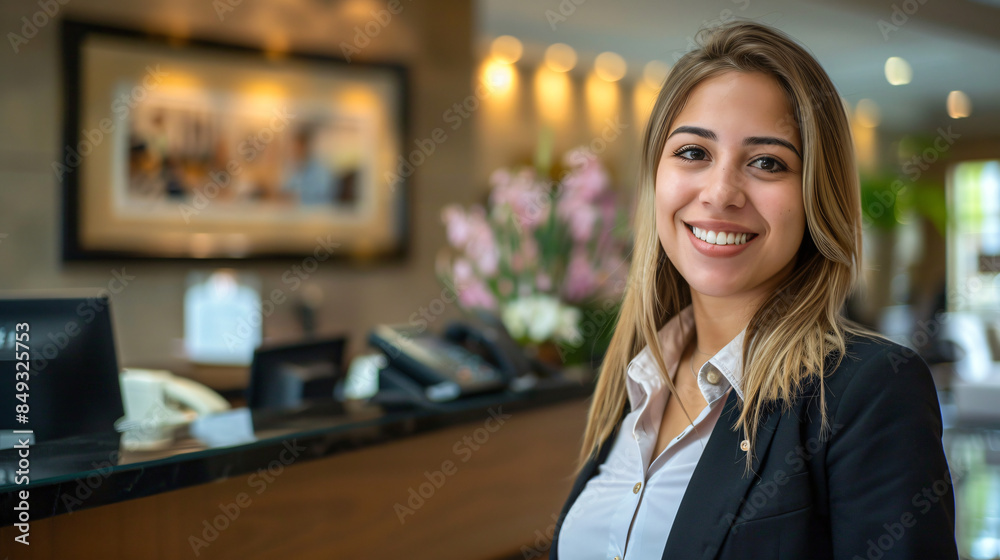 Cheerful female staff member greeting guests at a luxury hotel reception Cheerful female staff member greeting guests at a luxury hotel reception
