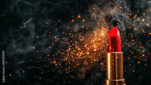Explosive red lipstick shimmer on dark background photo